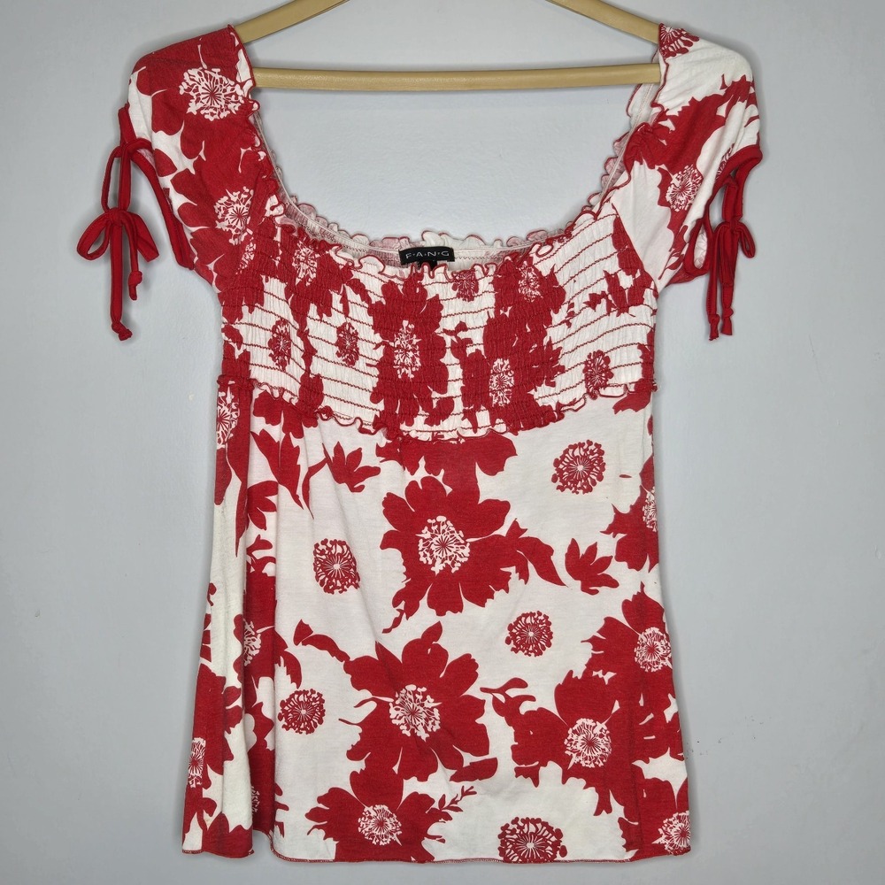 Vtg FANG Floral Milkmaid Top XL Red White Smocked Cap Sleeve Cottagecore USA